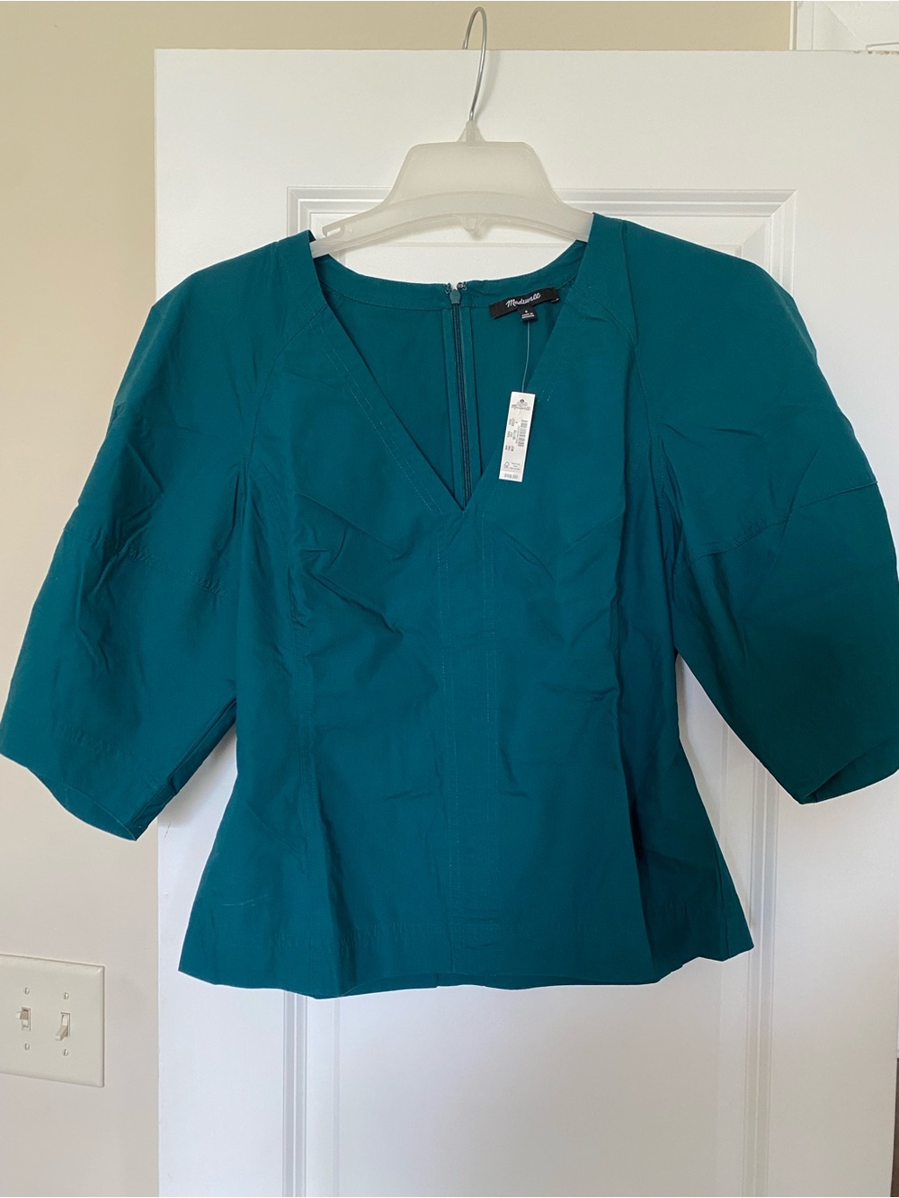 Madewell Teal V-Neck Puff Sleeve Blouse